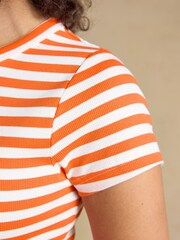 Joules Sophie Orange Striped Short Sleeve Ribbed Fitted T-Shirt - Image 4 of 6