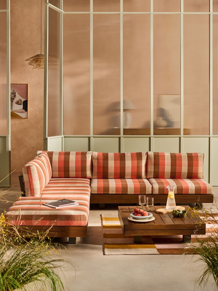 MADE.COM Orange and Brown Check Avarna Garden Wood Corner Lounge Set - Image 1 of 5 MADE.COM Orange and Brown Check Avarna Garden Wood Corner Lounge Set - Image 1 of 5