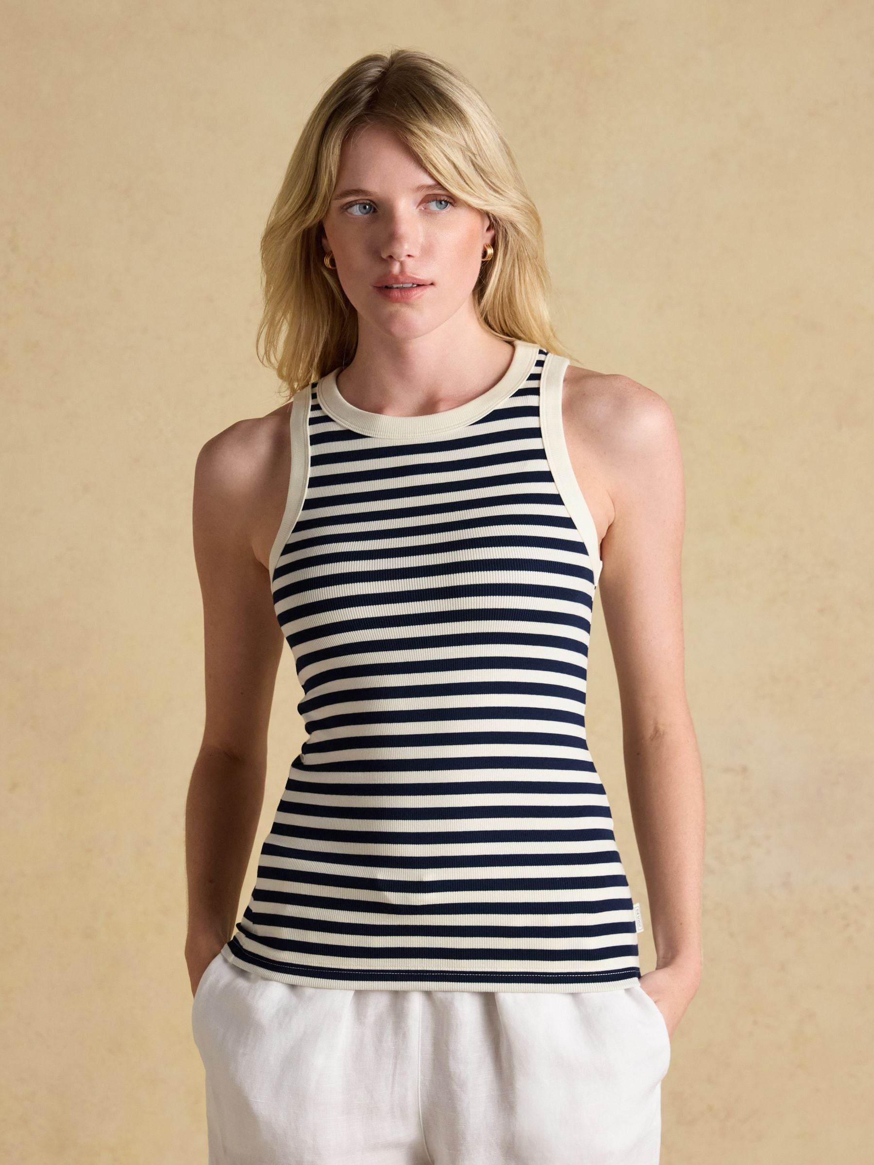 Joules Sofia Navy Stripe Ribbed Cotton Rich Jersey Vest