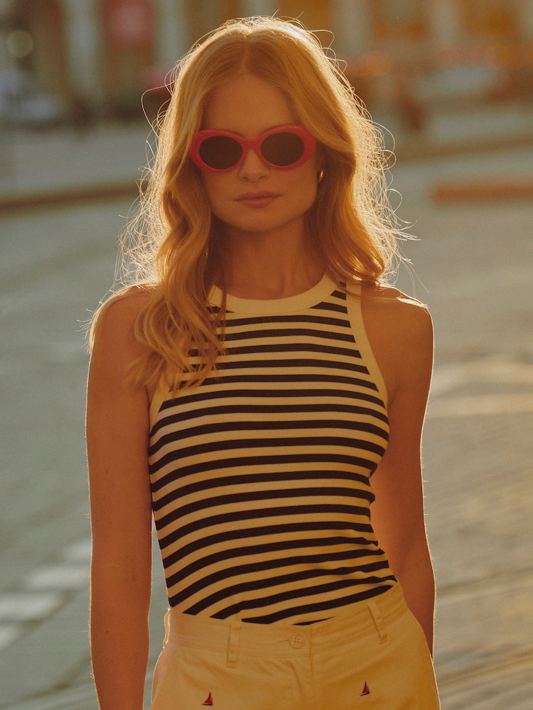 Joules Sofia Navy Stripe Ribbed Cotton Rich Jersey Vest - Image 1 of 8 Joules Sofia Navy Stripe Ribbed Cotton Rich Jersey Vest - Image 1 of 8