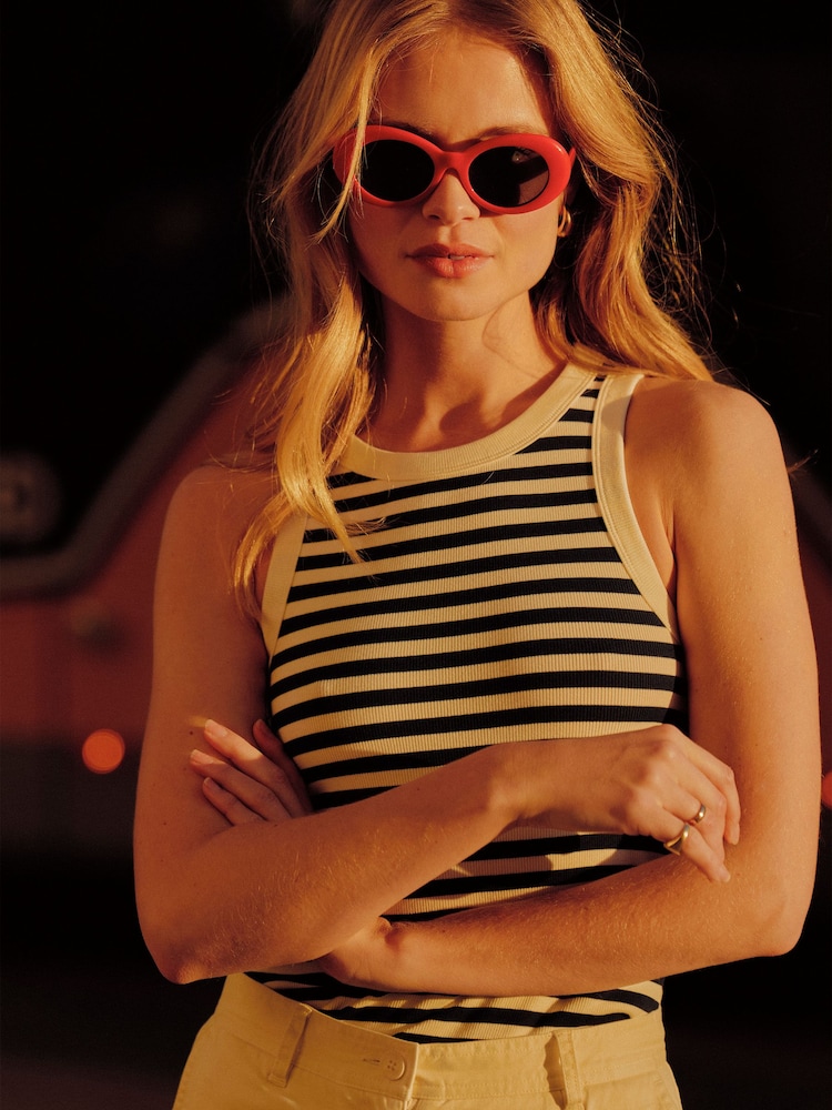 Joules Sofia Navy Stripe Ribbed Cotton Rich Jersey Vest - Image 2 of 8 Joules Sofia Navy Stripe Ribbed Cotton Rich Jersey Vest - Image 2 of 8