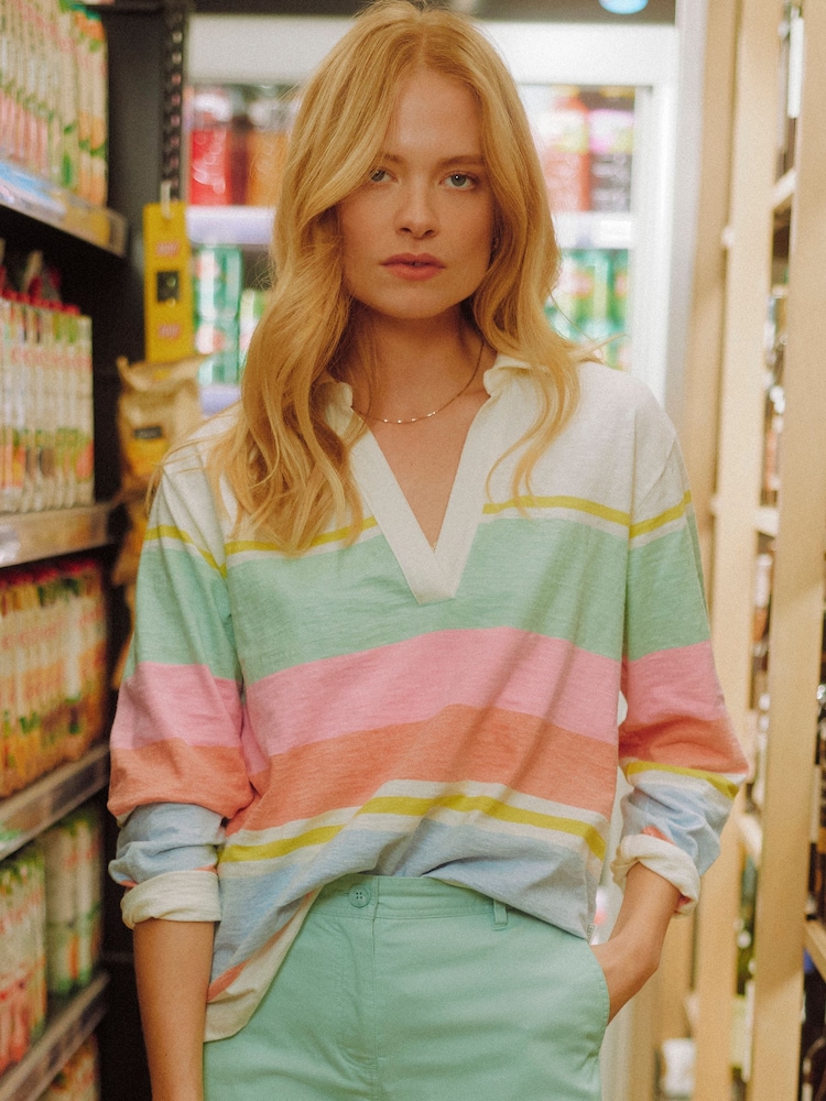 Joules Tallie Multi Stripe Combed Cotton Slub Collared Jersey Top - Image 1 of 9