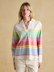 Joules Tallie Multi Stripe Combed Cotton Slub Collared Jersey Top - Image 2 of 9