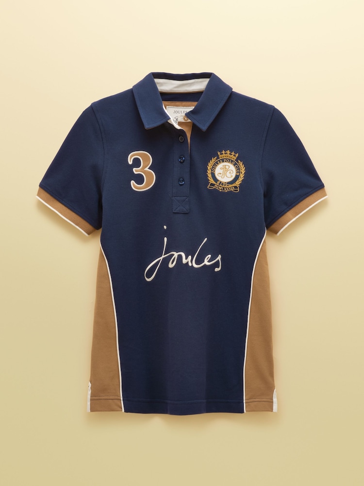 Joules Beaufort Navy & Brown Embroidered Short Sleeve Polo Shirt - Image 6 of 6
