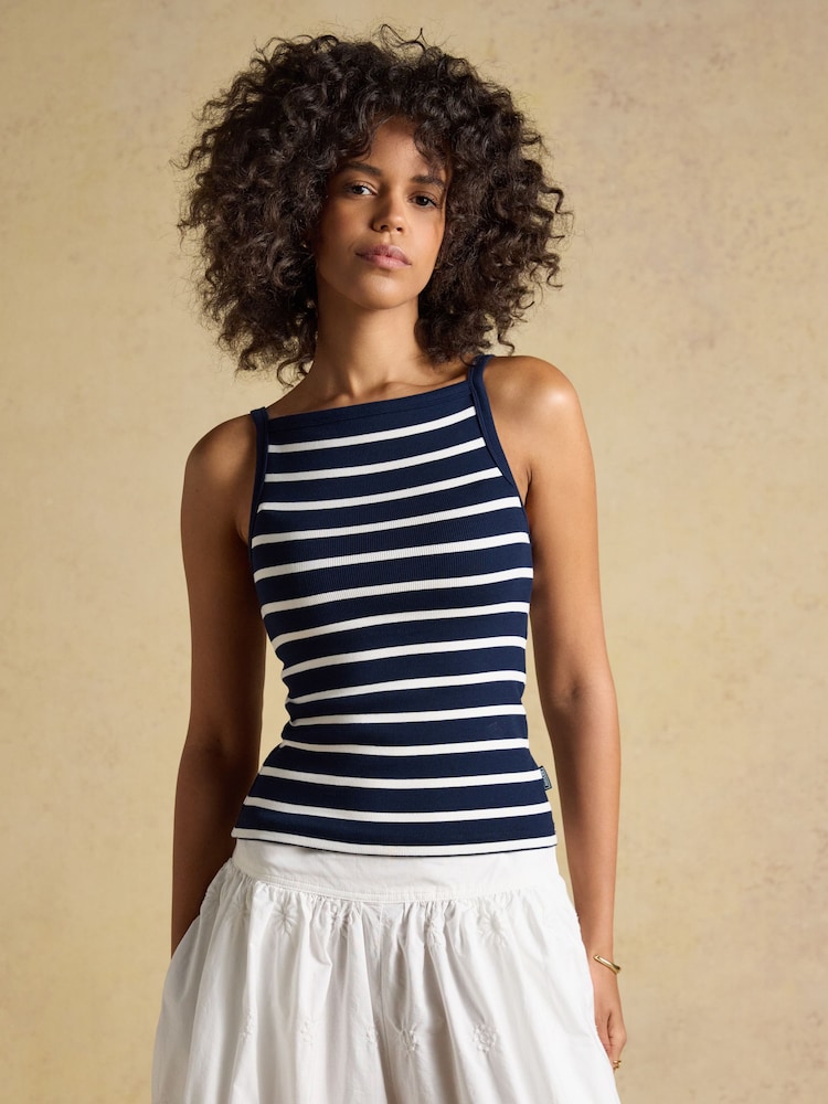 Joules Gia Navy & White Striped Square Neck Ribbed Vest - Image 1 of 7 Joules Gia Navy & White Striped Square Neck Ribbed Vest - Image 1 of 7