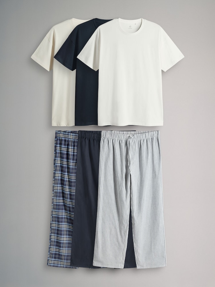The Set Cream/Grey/Blue 3 Pack Jersey T-Shirt and Flannel Pyjamas - Image 2 of 6 The Set Cream/Grey/Blue 3 Pack Jersey T-Shirt and Flannel Pyjamas - Image 2 of 6