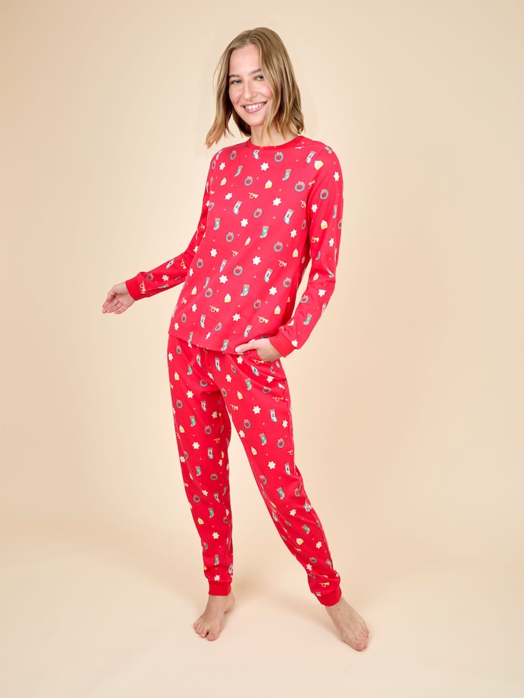 JoJo Maman Bébé Red Womens Jersey Pyjamas Set - Image 1 of 5