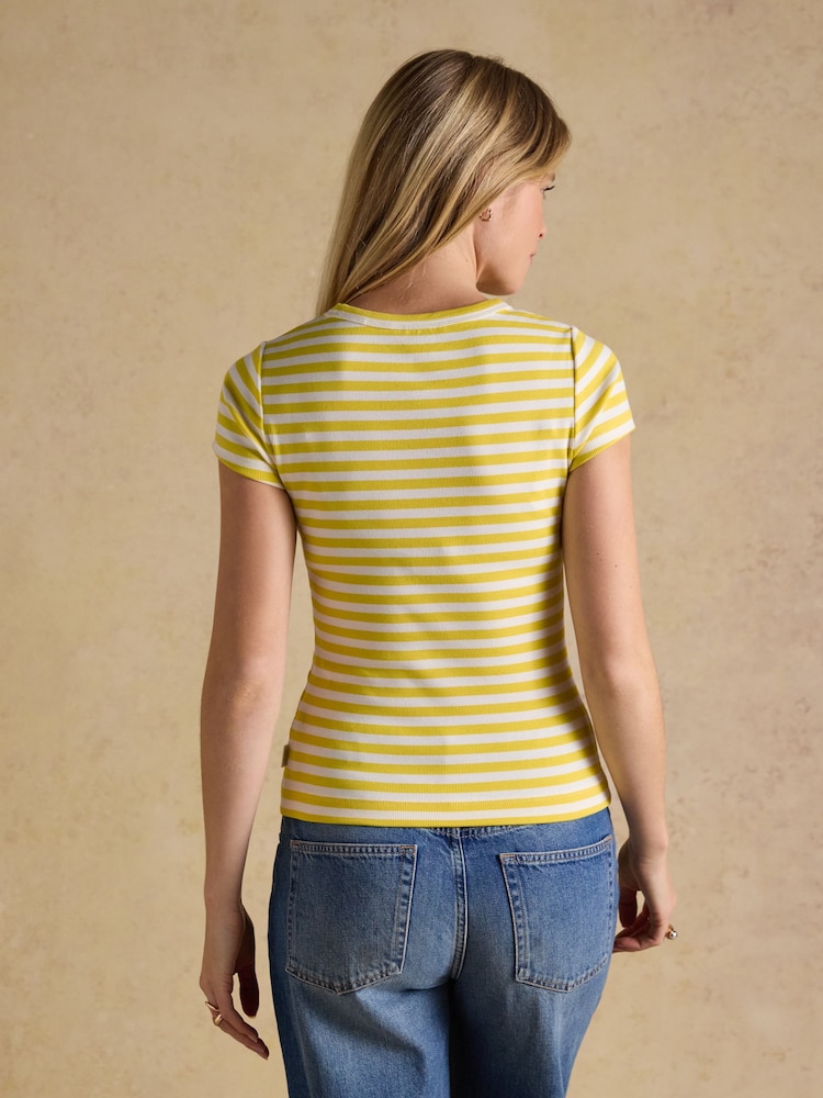 Joules Sophie Yellow Striped Short Sleeve Ribbed Fitted T-Shirt - Image 2 of 7