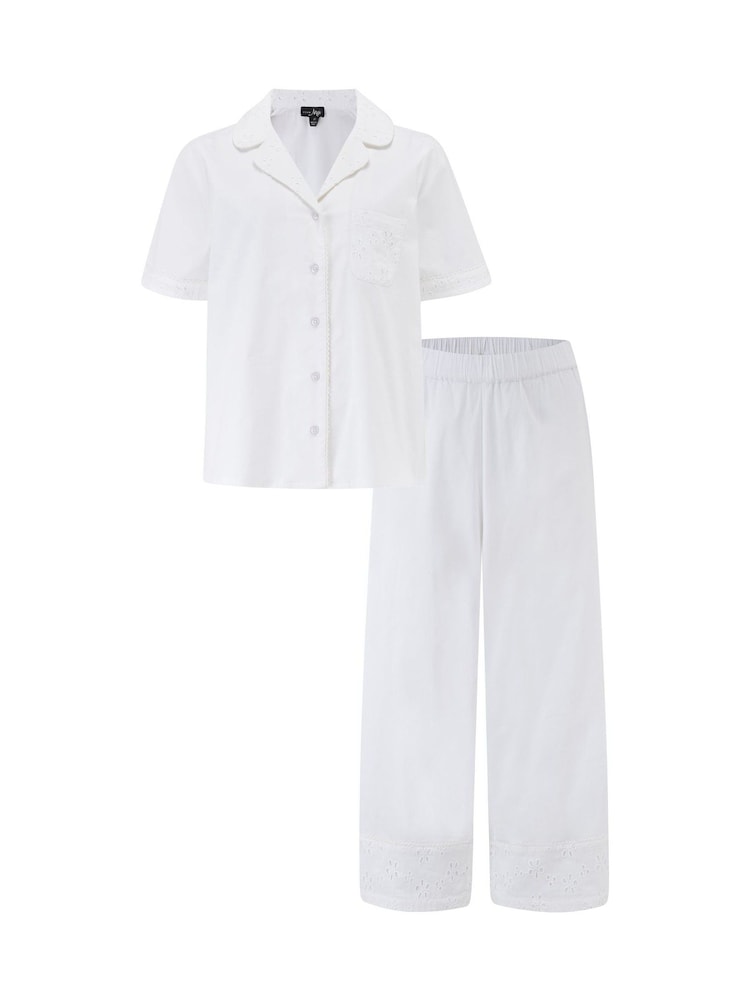 Pour Moi White Stretch Cotton Broderie Trim Short Sleeve Revere Pyjamas Set - Image 4 of 4