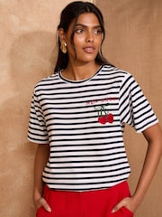 Love & Roses Ivory Stripe Cherry Mon Cheri Crew Neck T-Shirt - Image 1 of 4