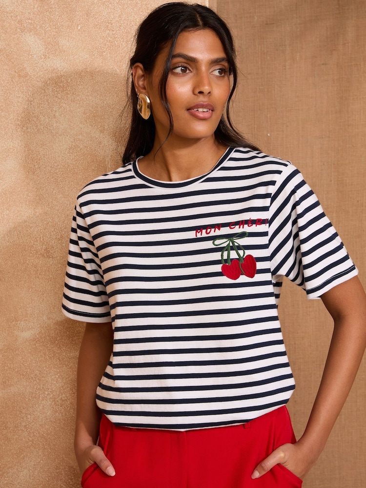 Love & Roses Ivory Stripe Cherry Mon Cheri Crew Neck T-Shirt - Image 1 of 4 Love & Roses Ivory Stripe Cherry Mon Cheri Crew Neck T-Shirt - Image 1 of 4