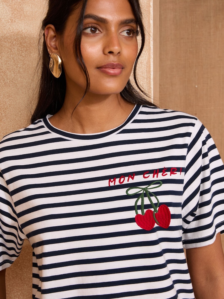 Love & Roses Ivory Stripe Cherry Mon Cheri Crew Neck T-Shirt - Image 2 of 4 Love & Roses Ivory Stripe Cherry Mon Cheri Crew Neck T-Shirt - Image 2 of 4