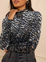 Love & Roses Blue Long Sleeve Velvet Rushed Jersey Top - Image 2 of 4