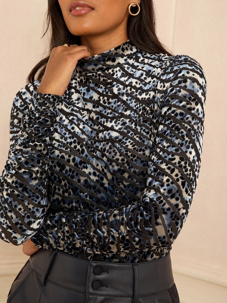 Love & Roses Blue Long Sleeve Velvet Rushed Jersey Top - Image 2 of 4
