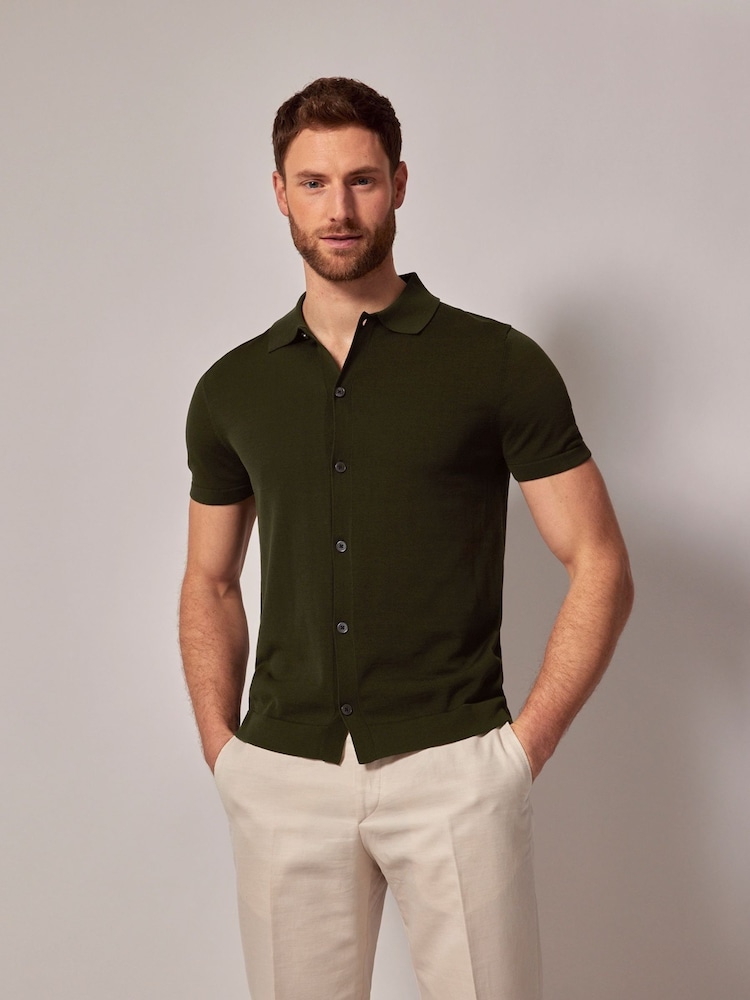 Hawes & Curtis Green Button Through Knitted 100% Cotton Polo Shirt - Image 1 of 4