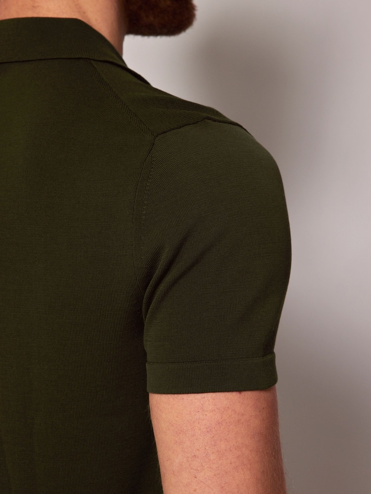 Hawes & Curtis Green Button Through Knitted 100% Cotton Polo Shirt - Image 4 of 4