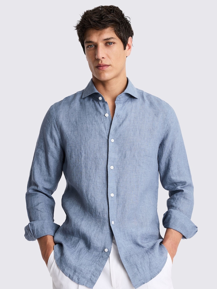 MOSS Aqua Blue Tailored Fit 100% Linen Shirt - Image 1 of 5