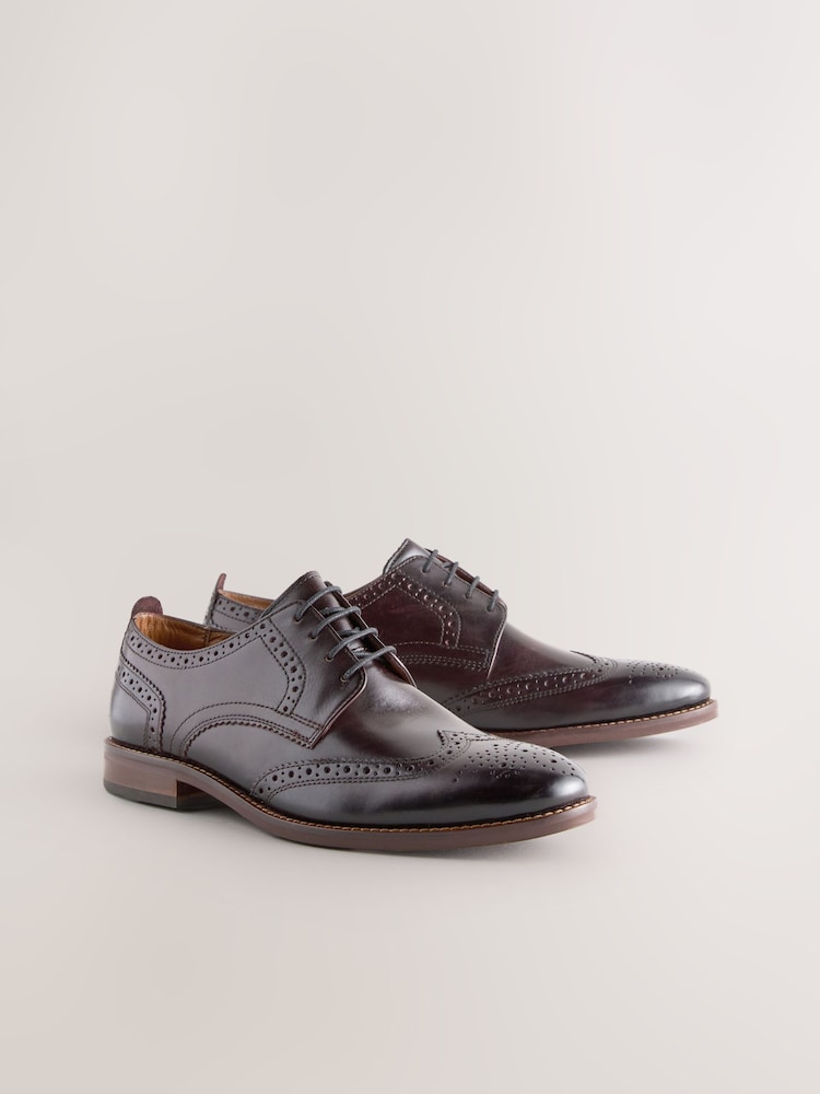 Burgundy Red Standard Fit Leather Contrast Sole Brogue Shoes - Image 1 of 5 Burgundy Red Standard Fit Leather Contrast Sole Brogue Shoes - Image 1 of 5