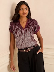 Love & Roses Burgundy Red Sequin Short Roll Sleeve Top - Image 1 of 4