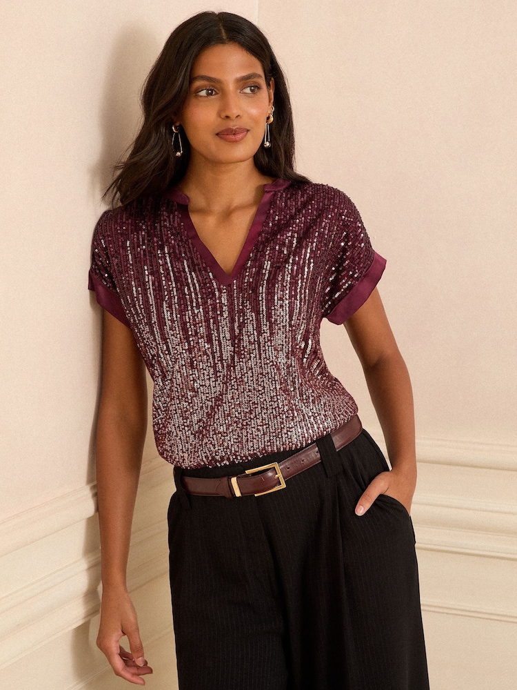 Love & Roses Burgundy Red Sequin Short Roll Sleeve Top - Image 1 of 4