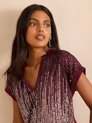 Love & Roses Burgundy Red Sequin Short Roll Sleeve Top - Image 2 of 4