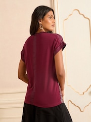 Love & Roses Burgundy Red Sequin Short Roll Sleeve Top - Image 4 of 4