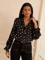 Love & Roses Black Heart Foil Print Long Sleeve Frill Detail Blouse - Image 1 of 4