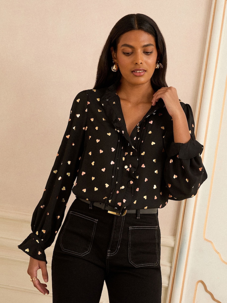 Love & Roses Black Heart Foil Print Long Sleeve Frill Detail Blouse - Image 1 of 4