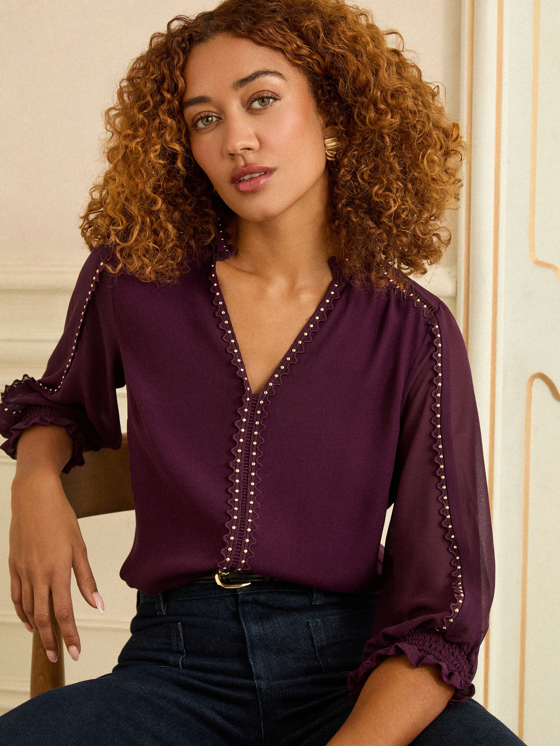 Buy Love & Roses Purple V-Neck Hardware 3/4 Sleeve Blouse from the