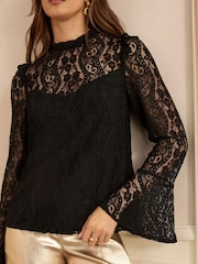 Love & Roses Black Lace Flute Sleeve Blouse - Image 2 of 4