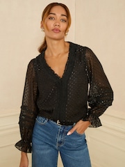 Love & Roses Black Long Sleeve Metallic Dobby Velvet Blouse - Image 1 of 4