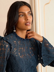 Love & Roses Teal Blue Lace Flute Sleeve Blouse - Image 4 of 4