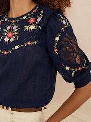 Love & Roses Navy Crew Neck Crochet Insert Embroidered 3/4 Sleeve Blouse - Image 2 of 4