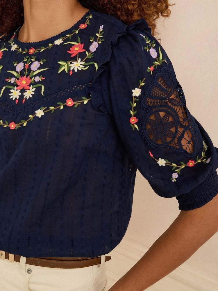 Love & Roses Navy Crew Neck Crochet Insert Embroidered 3/4 Sleeve Blouse - Image 2 of 4