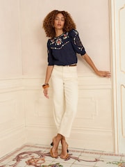 Love & Roses Navy Crew Neck Crochet Insert Embroidered 3/4 Sleeve Blouse - Image 3 of 4