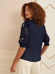 Love & Roses Navy Crew Neck Crochet Insert Embroidered 3/4 Sleeve Blouse - Image 4 of 4