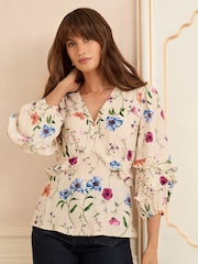 Love & Roses White Ecru Flroal Print V-Neck 3/4 Sleeve Peplum Blouse - Image 1 of 5