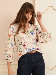 Love & Roses White Ecru Flroal Print V-Neck 3/4 Sleeve Peplum Blouse - Image 2 of 5