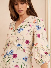Love & Roses White Ecru Flroal Print V-Neck 3/4 Sleeve Peplum Blouse - Image 3 of 5