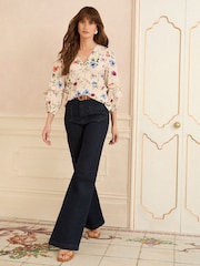 Love & Roses White Ecru Flroal Print V-Neck 3/4 Sleeve Peplum Blouse - Image 5 of 5