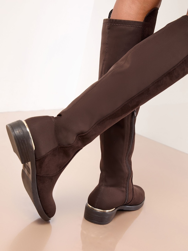 Chocolate marrom - Lipsy Faux Suede Elasticated Flat Knee High Casual Boots - Imagem 2 de 5