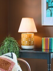 FatFace Ochre Yellow Woodblock Print Ceramic Table Lamp - Image 1 of 7