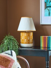 FatFace Ochre Yellow Woodblock Print Ceramic Table Lamp - Image 2 of 7