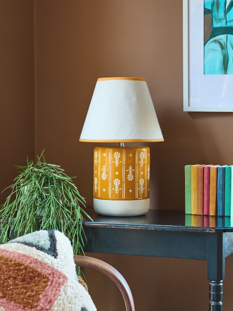 FatFace Ochre Yellow Woodblock Print Ceramic Table Lamp - Image 2 of 7