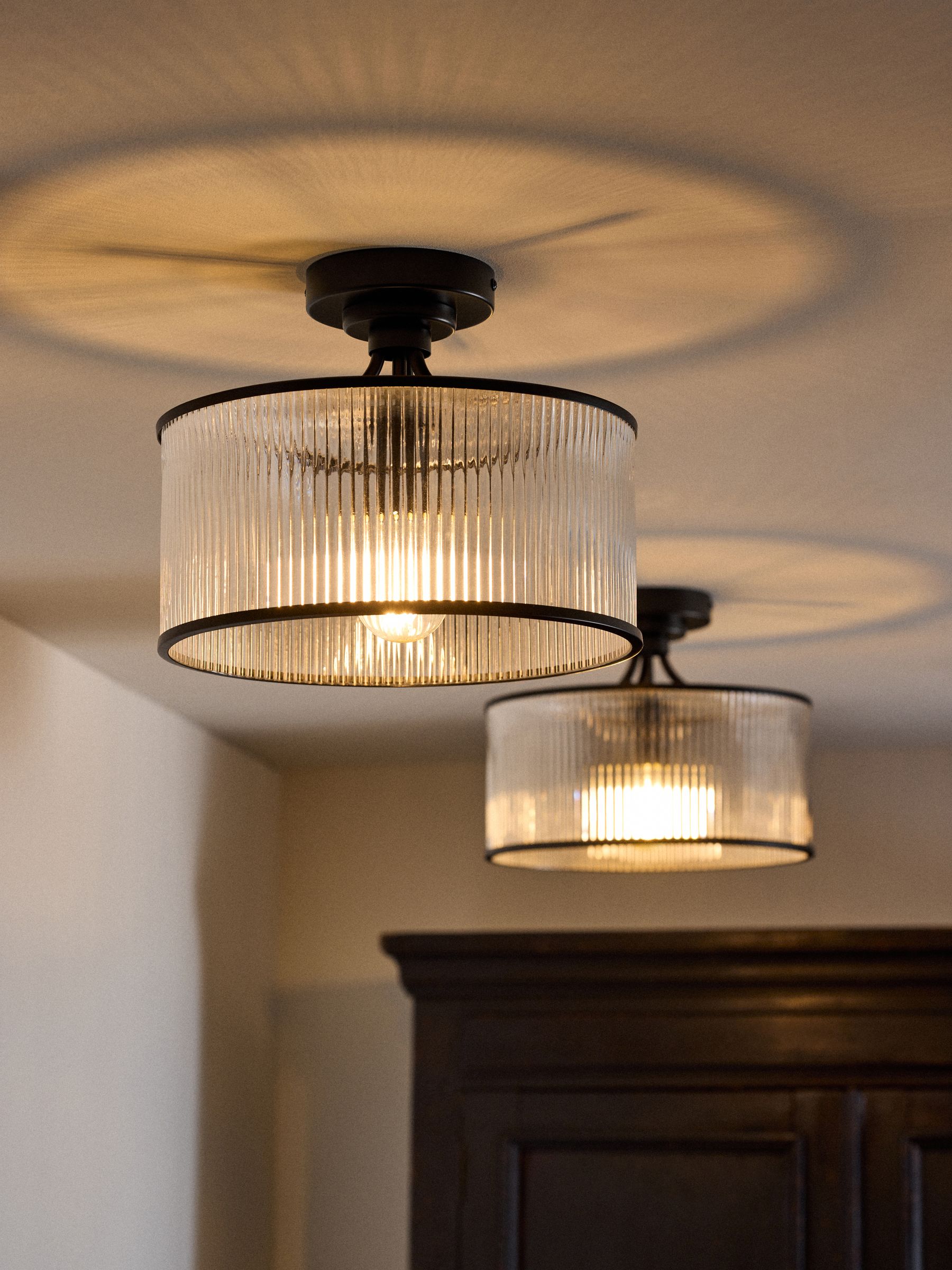 The Set 2 Pack Black Ribbed Glass Flush Ceiling Lights