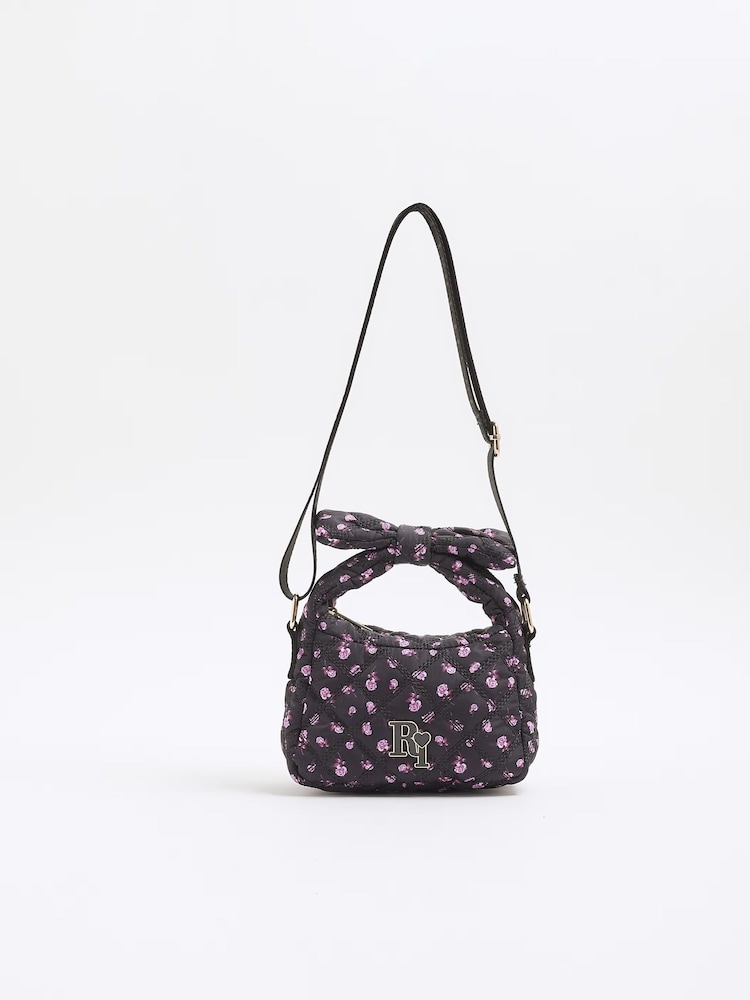 River Island Black Girls Ditsy Bow Handle Grab Bag - Image 1 of 5 River Island Black Girls Ditsy Bow Handle Grab Bag - Image 1 of 5