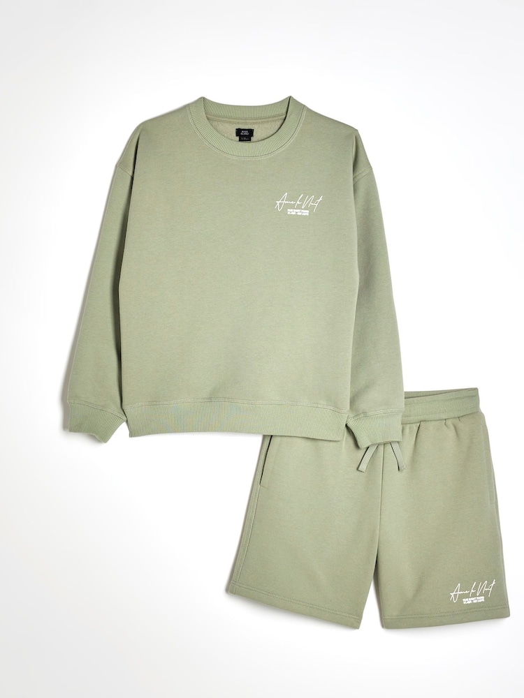 River Island Green Boys Ame Le Nuit Crew Sweat Top And Shorts Set - Image 1 of 5