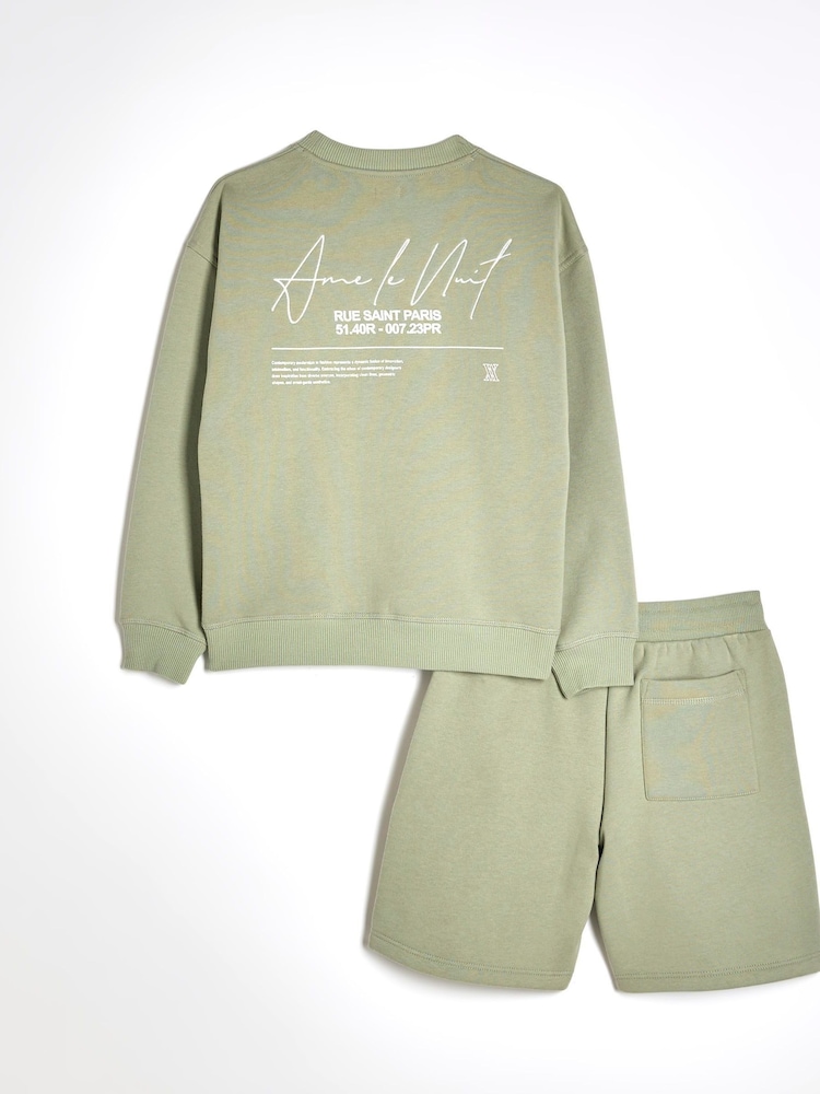 River Island Green Boys Ame Le Nuit Crew Sweat Top And Shorts Set - Image 2 of 5