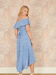 Yumi Blue Printed Bardot Midi Dress With Dip Hem - Image 4 of 5
