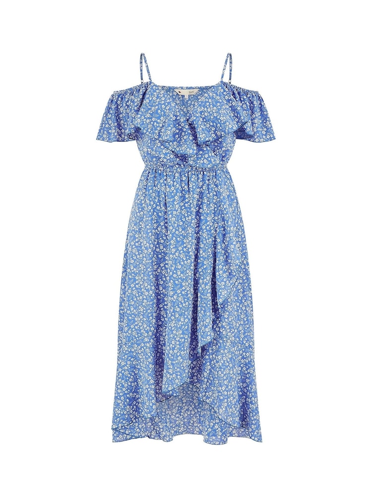 Yumi Blue Printed Bardot Midi Dress With Dip Hem - Image 5 of 5